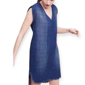 Cloth & Stone Dress Fringe Grid Chambray Pockets Blue Knee Length Ombré V Neck